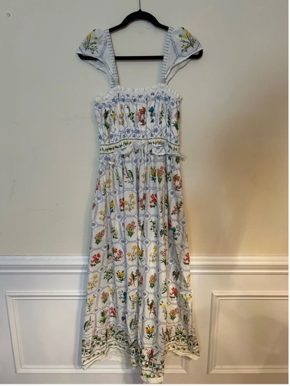 Farm Rio Tropical Porcelain Birds Floral Print Cotton Maxi dress size L - Picture 3 of 6